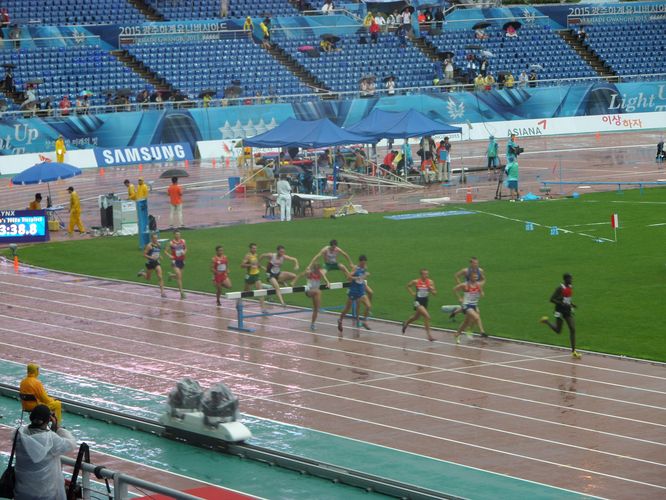 …oder beim 3000m-Hindernis-Lauf, bei dem sie Edelfan Martin Grau zu Gold peitschten. (©Flemming)