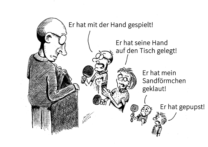 A retourniert den Ball, indem er ihn mit dem Handrücken seiner Schlaghand trifft, so dass er auf B‘s Spielfläche nahe des Netzes auftrifft. Als B nach vorn reicht, um den Ball zu schlagen, liegt seine Schlaghand auf der Spieloberfläche auf und, während sie sich in dieser Position befindet, berührt der Ball den Schläger und springt zurück über das Netz auf A's Spielfläche. Wie entscheidet der Schiedsrichter? (©Laven) ZUR REGEL