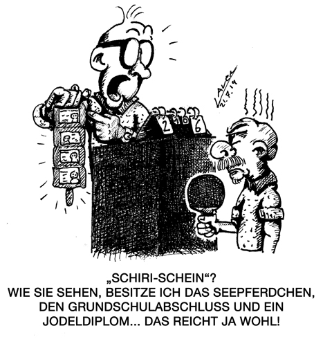 In einer unteren Liga übernimmt ein Spieler der Heimmannschaft den Job des Schiedsrichters am Tisch. Als er den Aufschlag des Spielers der gegnerischen Mannschaften abzählt, wird Protest laut, dass dies nur lizenzierte Schiedsrichter dürfen. Was ist in dieser Situation richtig? (©Laven) ZUR REGEL 