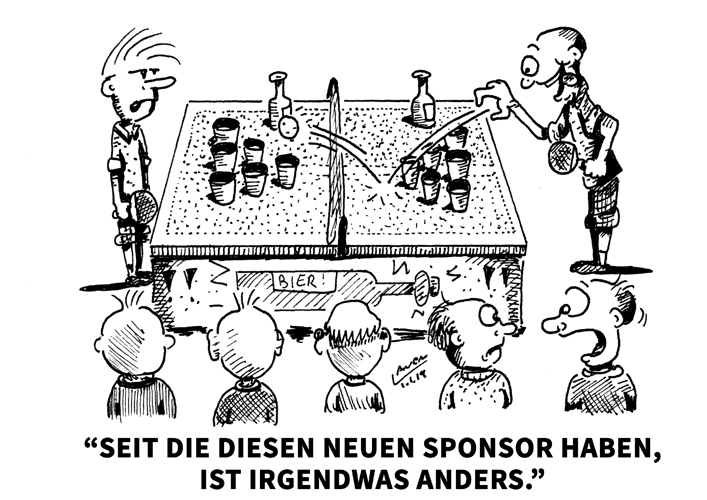 Ein Verein hat eine Brauerei als neuen Sponsor gewinnen können? Es werden neue Trikots angeschafft und der Name des Biers in Form einer Bierflasche ist als Werbung hier aufgeflockt. Welche Aussage ist korrekt? (©Laven) ZUR REGEL 