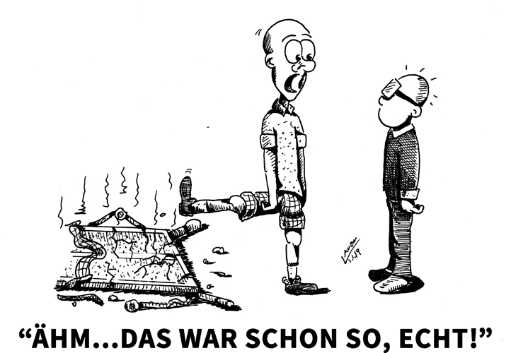 Ein Doppel, das bereits mit einer gelben Karte verwarnt wurde, ärgert sich über einen vergebenen Punkt und beide Spieler treten gegen den Tisch. Was passiert? (©Laven) ZUR REGEL 
