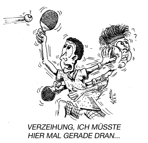 Omar Assar läuft zum Spielen des Balles auf die Seite von Dang Qiu, der den von der Kante abprallenden Ball daraufhin nicht mehr erreicht. Wie würden Sie entscheiden? ZUR REGEL 