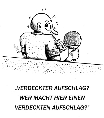 Spieler A verdeckt seinen Aufschlag mit dem Körper und wird daraufhin vom Schiedsrichter verwarnt. Drei Ballwechsel später bringt er den Ball mit einem klar unzulässigen Aufschlag ins Spiel. Wie reagiert der Schiedsrichter? ZUR REGEL 
