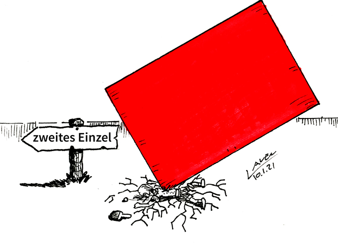 Ein Spieler benimmt sich in seinem ersten Einzel eines Mannschaftskampfs daneben und erhält die rote Karte. Welche Konsequenzen hat dies für sein zweites Einzel? ZUR REGEL 