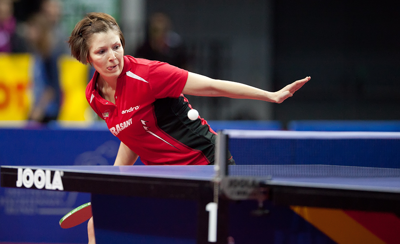 Der Finaltag der Deutschen Meisterschaften begann mit dem Halbfinale im Damen-Doppel: Nadine Bollmeier... (©Fabig)