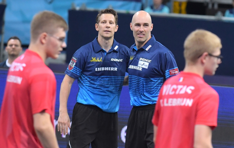 Im Doppel standen die nächsten Titelentscheidungen an. Robert Gardos und Daniel Habesohn, die schon das einzige deutsche Duo Duda/Qiu besiegt hatten, beendeten im Halbfinale auch die Titelträume der Lebrun-Brüder (©Gohlke)