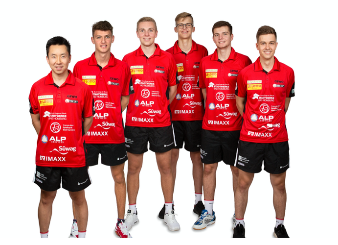 Die Spieler des TTBL-Debütanten TTC OE Bad Homburgs (v.l.n.r.): Gustavo Tsuboi, Lev Katsman, Dominik Scheja, Tayler Fox, Rares Sipos und Nils Hohmeier. (©Verein)