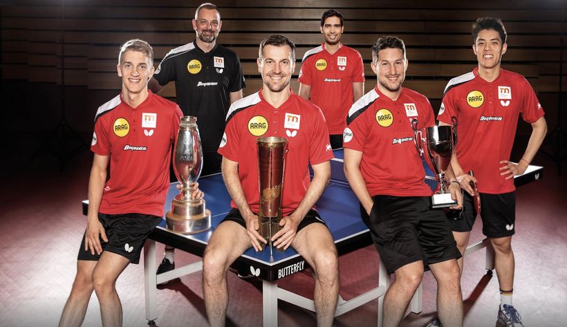 Rekordmeister Borussia Düsseldorf möchte sein Triple in folgender Konstellation verteidigen: Anton Källberg, Trainer Danny Heister, Timo Boll, Kamal Sharath Achantha, Kristian Karlsson und Neuzugang Dang Qiu. (©Verein)