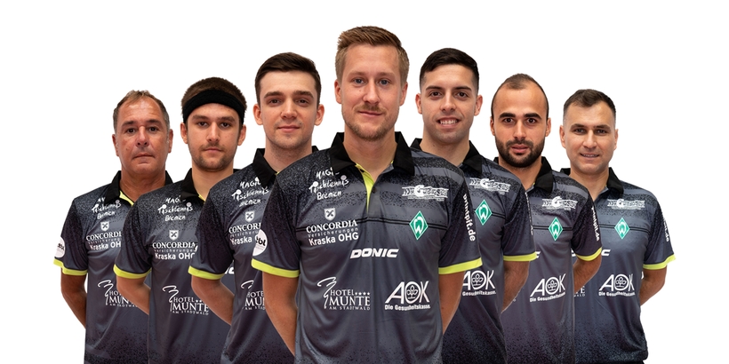 Der SV Werder Bremen: Team-Manager Sascha Greber, Cristian Pletea, Kirill Gerassimenko, Mattias Falck, Marcelo Aguirre, Co-Trainer Valentin Nad Nemedi und Cheftrainer Cristian Tamas. (©Verein)
