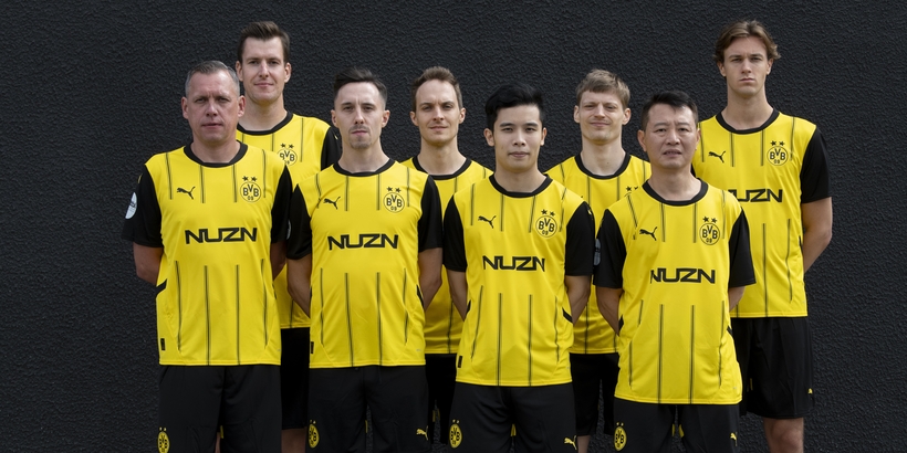 TTBL-Debütant Borussia Dortmund: Erik Bottroff (2.v.l.), Dennis Klein, Cedric Nuytinck, Li Yongyin, Anders Lind und Simon Berglund (r.). (©Verein)
