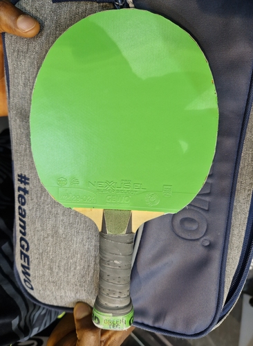 Auf der Rückhand spielt seines Aruna Hinoki Carbon OFF spielt Quadri Aruna mit einem grünen GEWO Nexxus EL Pro SuperSelect (©Gohlke)