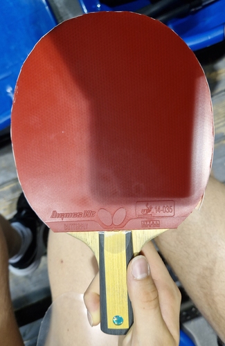 Der französische Penholderspieler Felix Lebrun spielt mit einem Butterfly Innerforce Layer ZLC (©Gohlke)