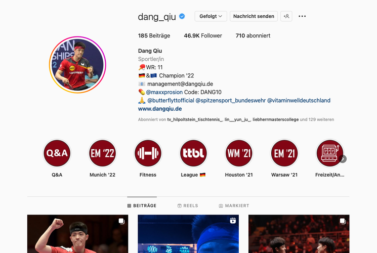 Kurz davor findet sich Dang Qiu wieder. Der Einzel-Europameister hat im vergangenen Jahr viele Fans dazugewonnen. (©Instagram)