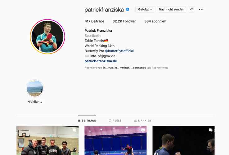 Patrick Franziska (32.200) ist der erste Deutsche, der im Ranking auftaucht. (©Instagram)