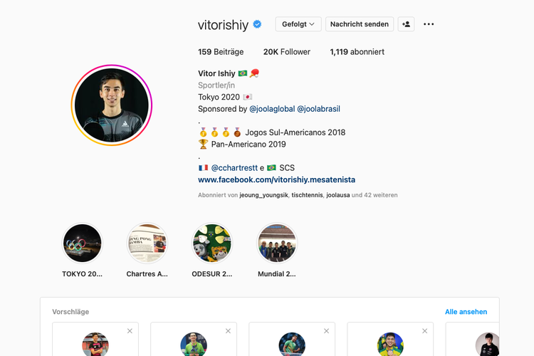 In Brasilien ist er nur die Nummer drei, bei Instagram taucht Vitor Ishiy mit 20.000 Followern noch vor dem ehemaligen Bundesligaspieler Gustavo Tsuboi auf. (©Instagram). 