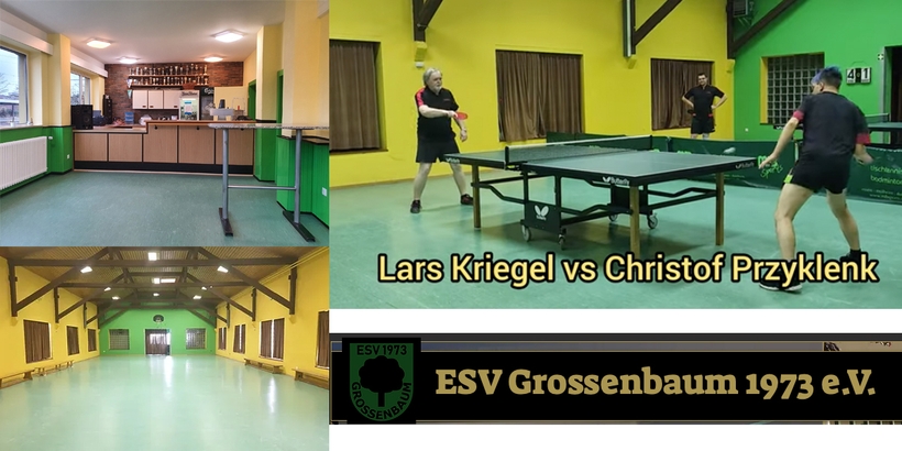 Grün (und gelb) sind auch die Vereinsfarben des ESV Großenbaum aus Duisburg (WTTV), besonders auffällig: die Holzgiebel, Gitterfenster und braunen Vorhänge sowie eine Theke. (©Verein)