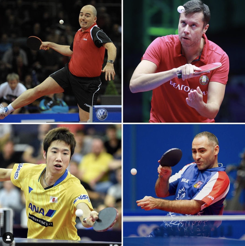 Veteranentreffen mit Philippe Saive, Vladimir Samsonov, Jun Mizutani und Petr Korbel. (©ITTF/Roscher)