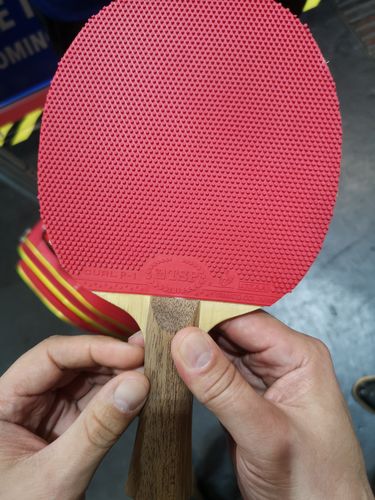 Sie spielt zudem die exakt gleiche lange Rückhandnoppe TSP Curl P-1 R wie Linda Bergstrom mit einem älteren Holz der Marke DHS. (©Gohlke). 
