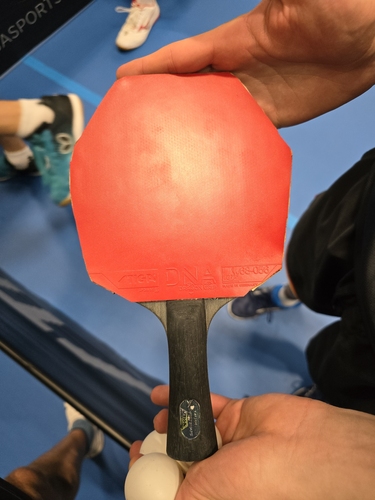 Manuel Prohaskas Schläger ist ein Hingucker, er setzt auf die Ecken des STIGA Cybershape Carbon. (©Gohlke)
