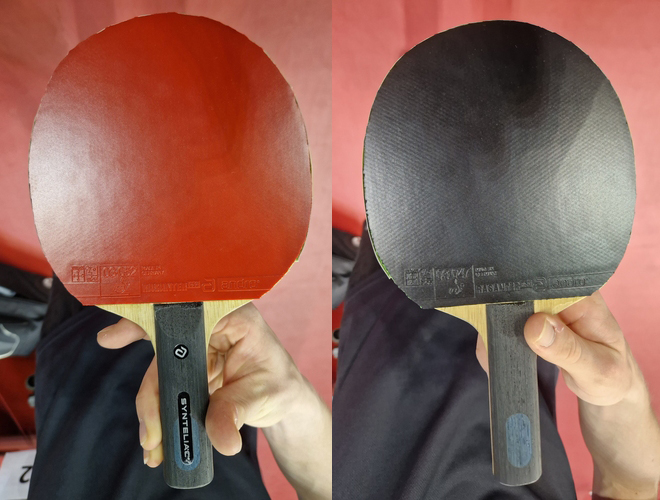 Der deutsche Nationalspieler setzt auf die andro-Rasanter-Beläge C53 (rot) und R53 (schwarz) und auf ein andro-Holz Synteliac VCI Off. (©Gohlke)