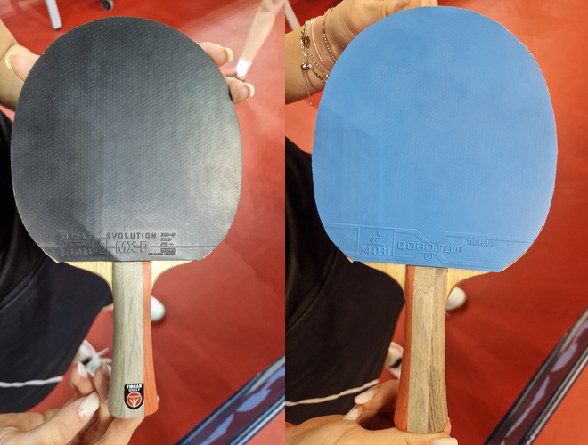 Auf der Vorhand ihres TIBHAR-Holzes Fortino Force Series F klebt ein schwarzer TIBHAR Evolution MX-P, auf der Rückhand ein blauer TIBHAR Quantum X. (©Gohlke)