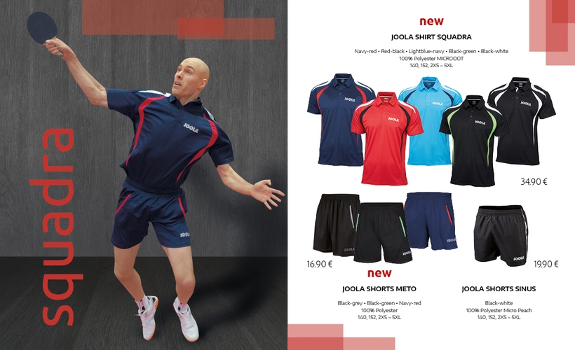....das Shirt Squadra hängt auch für die Herren bereit, in gleich fünf verschiedenen Farbkombinationen. Hierzu bietet sich der Kauf der JOOLA Shorts Meto oder der Shorts Sinus an. (©JOOLA)