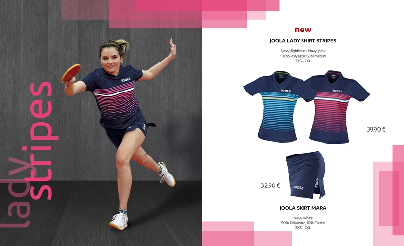 Für die Damen gibt es das JOOLA Lady Shirt Stripes, das gut kombinierbar mit dem JOOLA Skirt Mara ist. (©JOOLA)