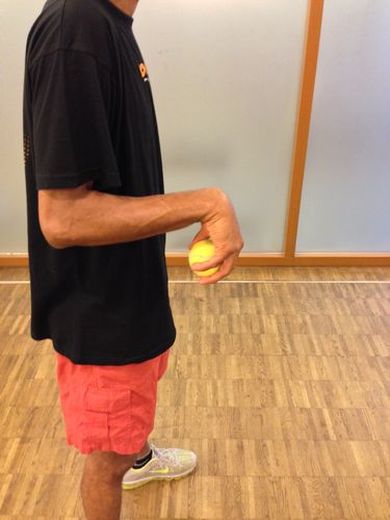 Die letzte Übung beim Schnelligkeitstraining ist das Werfen aus dem umgedrehten Handgelenk. Stehen Sie mit den Füßen ca. schulterweit auseinander, die Arme hängen locker herab. In einer Hand halten Sie z.B. einen Tennisball, die Handfläche zeigt nach unten. Im Ellenbogengelenk haben Sie einen 90° Winkel, so dass sich der Unterarm parallel zum Boden befindet. Biegen Sie Ihr Handgelenk so stark wie möglich nach unten…(©JOOLA TT-Schule Zugbrücke Grenzau)