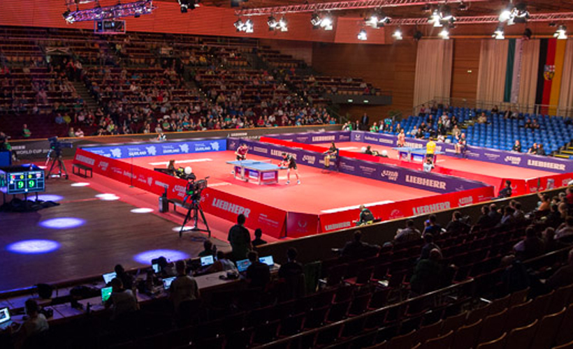 Die Saarlandhalle - hier findet in diesem Jahr der World Cup der Herren statt. Der Startschuss fiel an diesem Samstag. Los ging es mit der Gruppenphase, in der 12 ungesetzte Spieler antraten...(©Fabig)