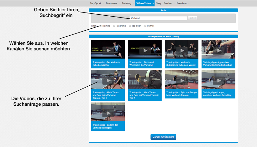 Die Suchseite - Durch die Filterfunktion gelangen Sie schnell zu den Videos, die Sie suchen.